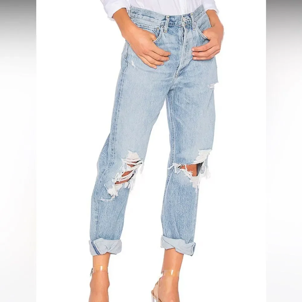Agolde 90’s mid rise Women Light Blue Ripped distressed Denim Jeans size 23 EUC